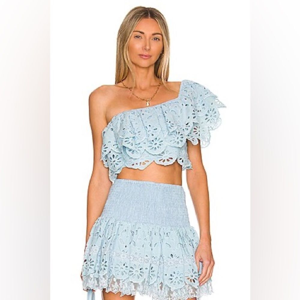 PLACE NATIONALE Top & Smocked Mini Skirt Two Piece Set Baby Blue